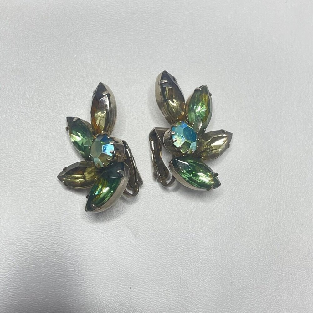 Vtg Rhinestone Clip On Earrings Green Wings